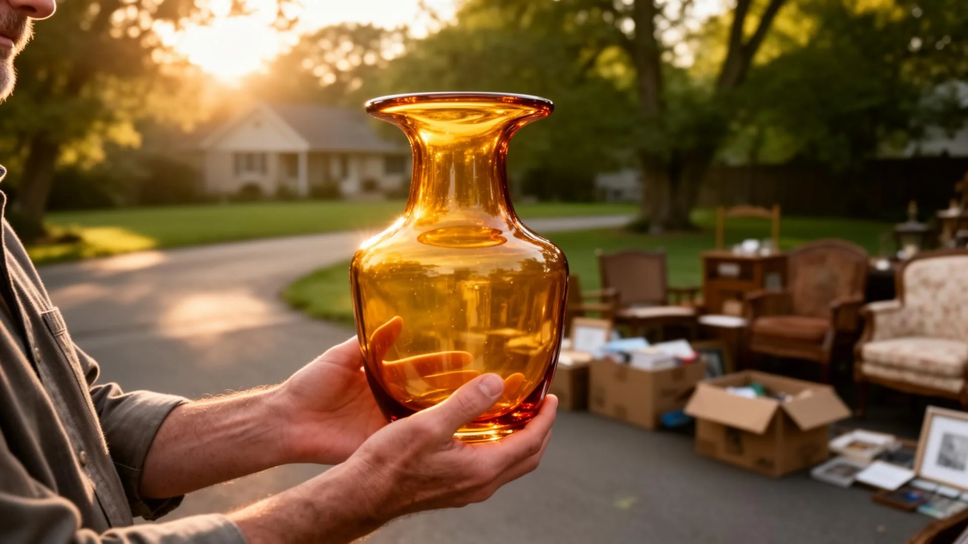 Treasure hunter inspecting a vintage glass vase at an estate sale