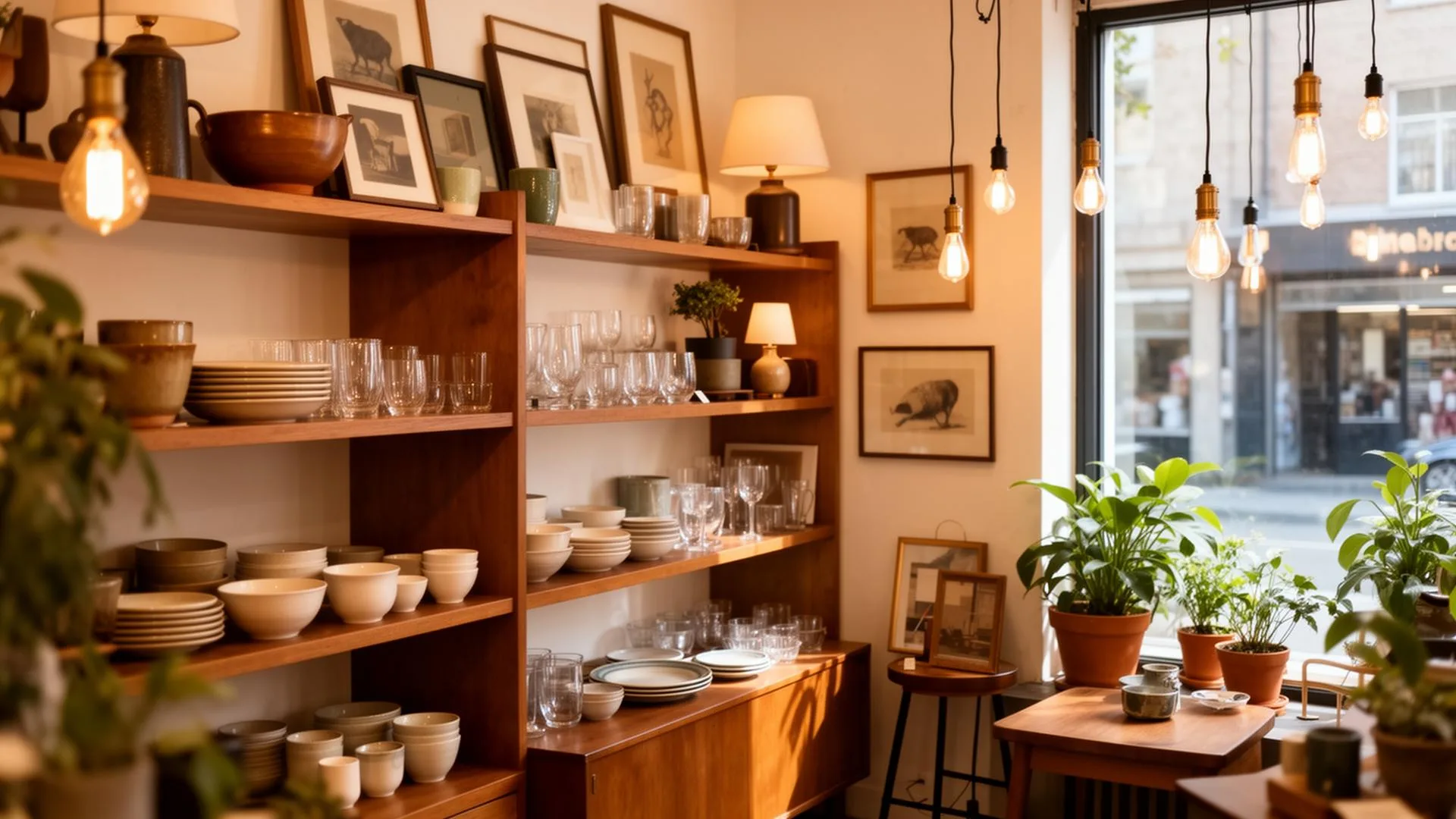 Sun-lit vintage storefront with mid-century furniture, glassware shelves, and warm wood tones