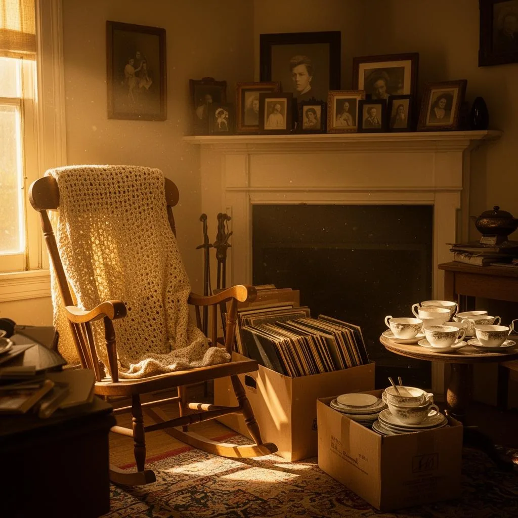 Sunlit family room with rocking chair, old photos, and boxes of china being prepared for an estate sale