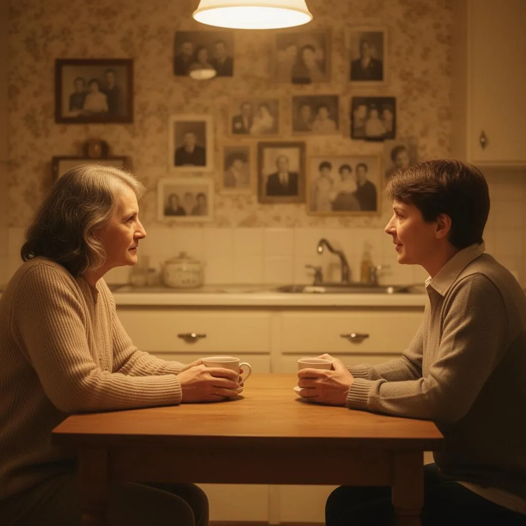 Two people having a gentle conversation over coffee at a kitchen table
