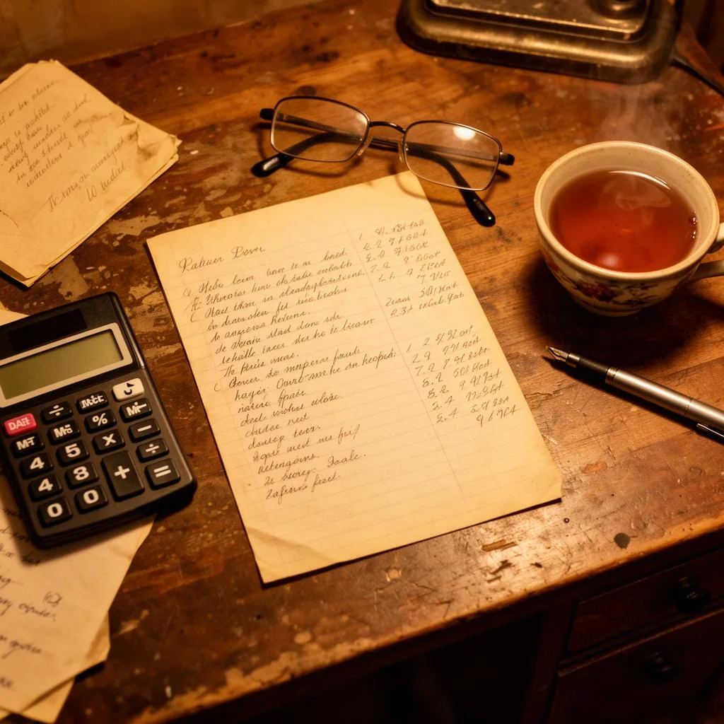 Handwritten notes and a calculator on a worn wooden desk with a cup of tea