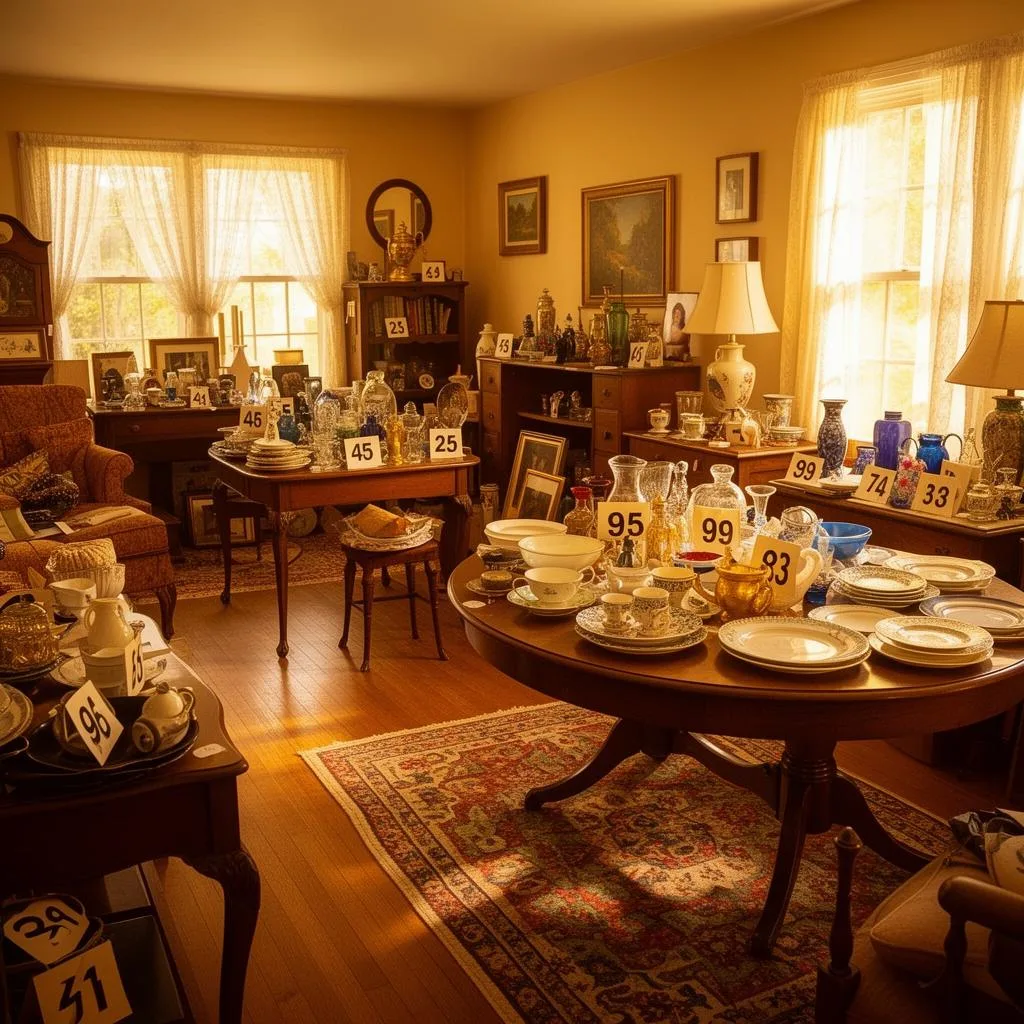 Living room organized for an estate sale with price tags on antique furniture and collectibles