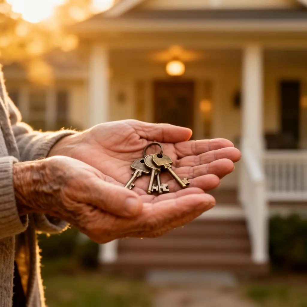 Aged hands gently holding old house keys in front of a family home porch at sunset