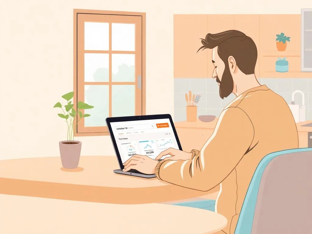 Homeowner using a laptop at a kitchen table to manage estate sale inquiries and saved companies