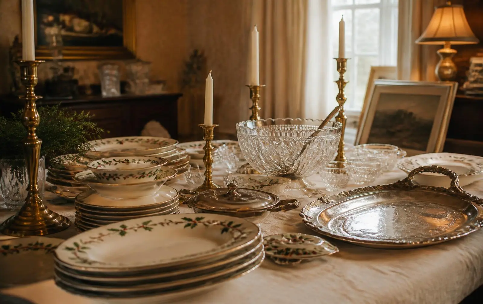 A Christmas table inside an estate sale home — stacked holiday china, silver platters, a cut glass punch bowl and brass candlesticks