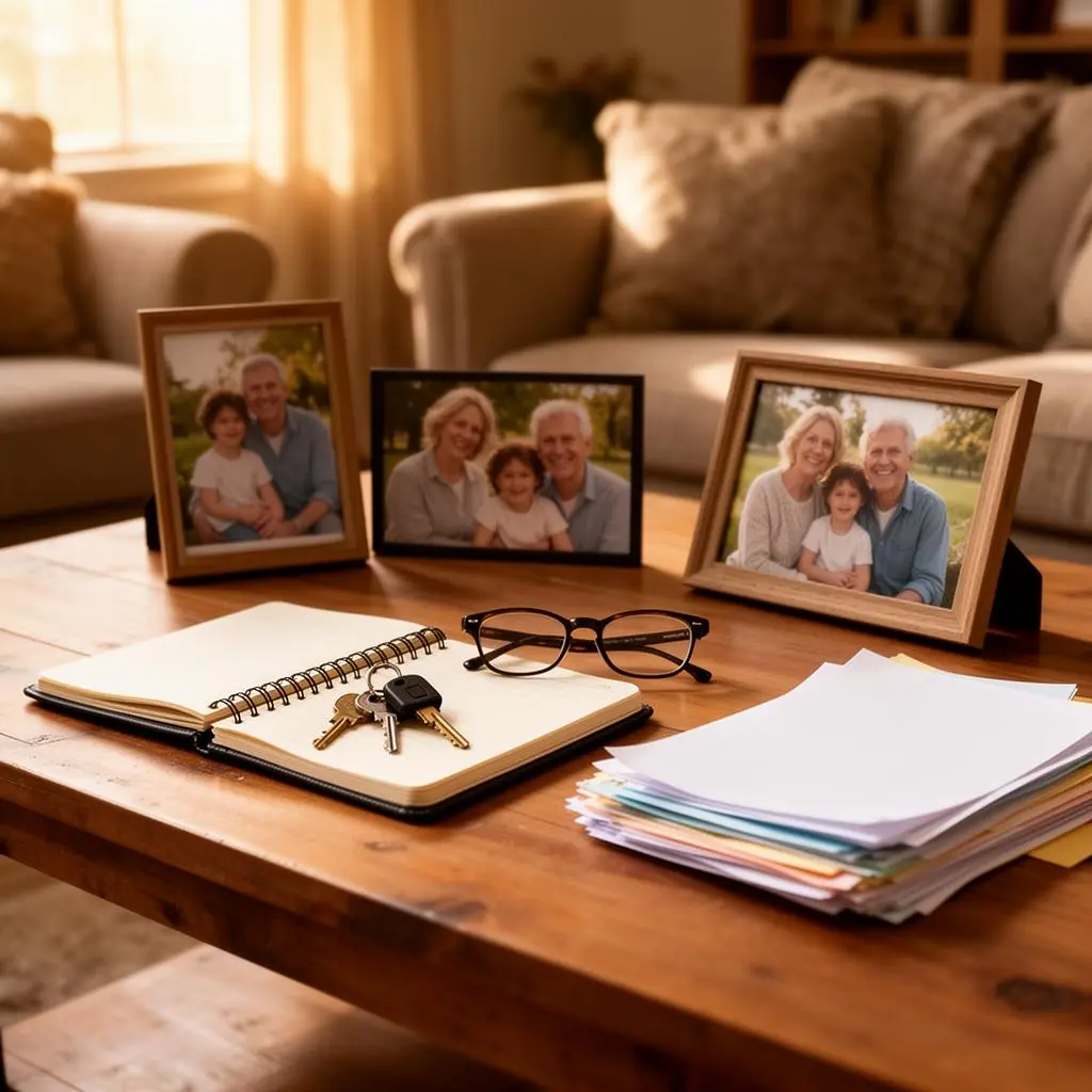 A quiet living room table with organized papers, keys, and a notebook