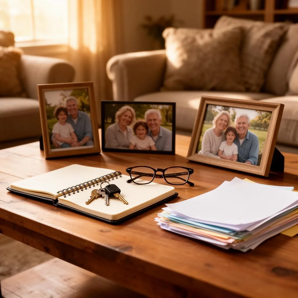 A quiet living room table with organized papers, keys, and a notebook