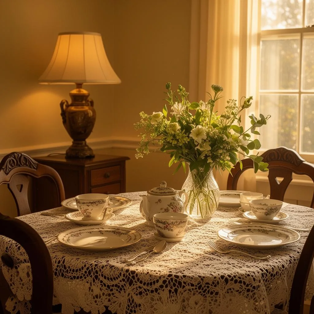 A sunlit dining room with heirloom china and fresh flowers
