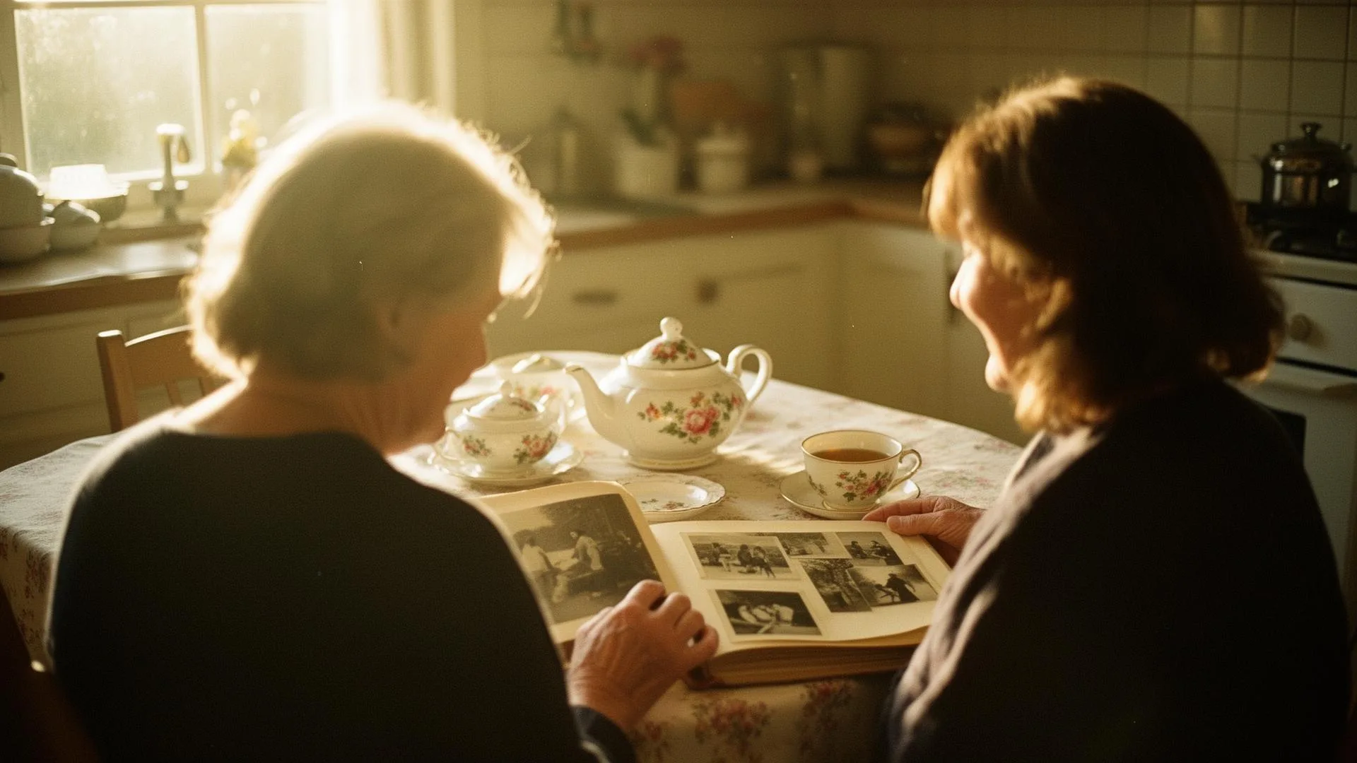 An older woman and her adult daughter looking through a photo album at a sunlit kitchen table