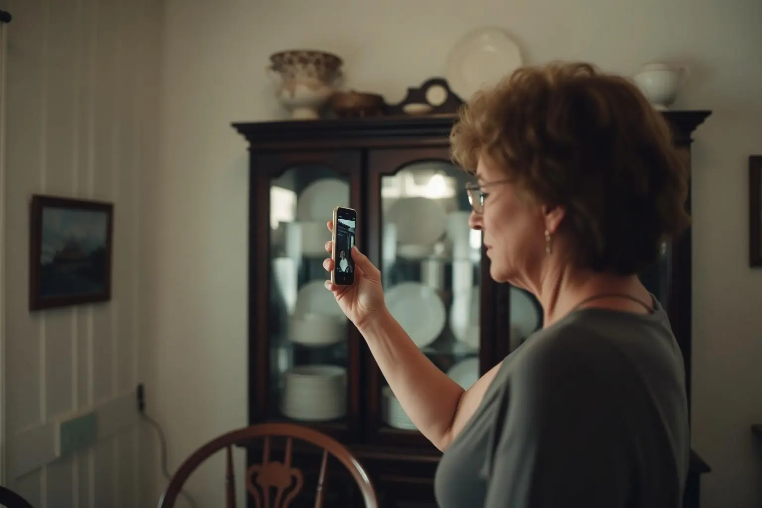 An adult woman in a parent's old dining room photographing a piece of china with her phone, china cabinet behind her.