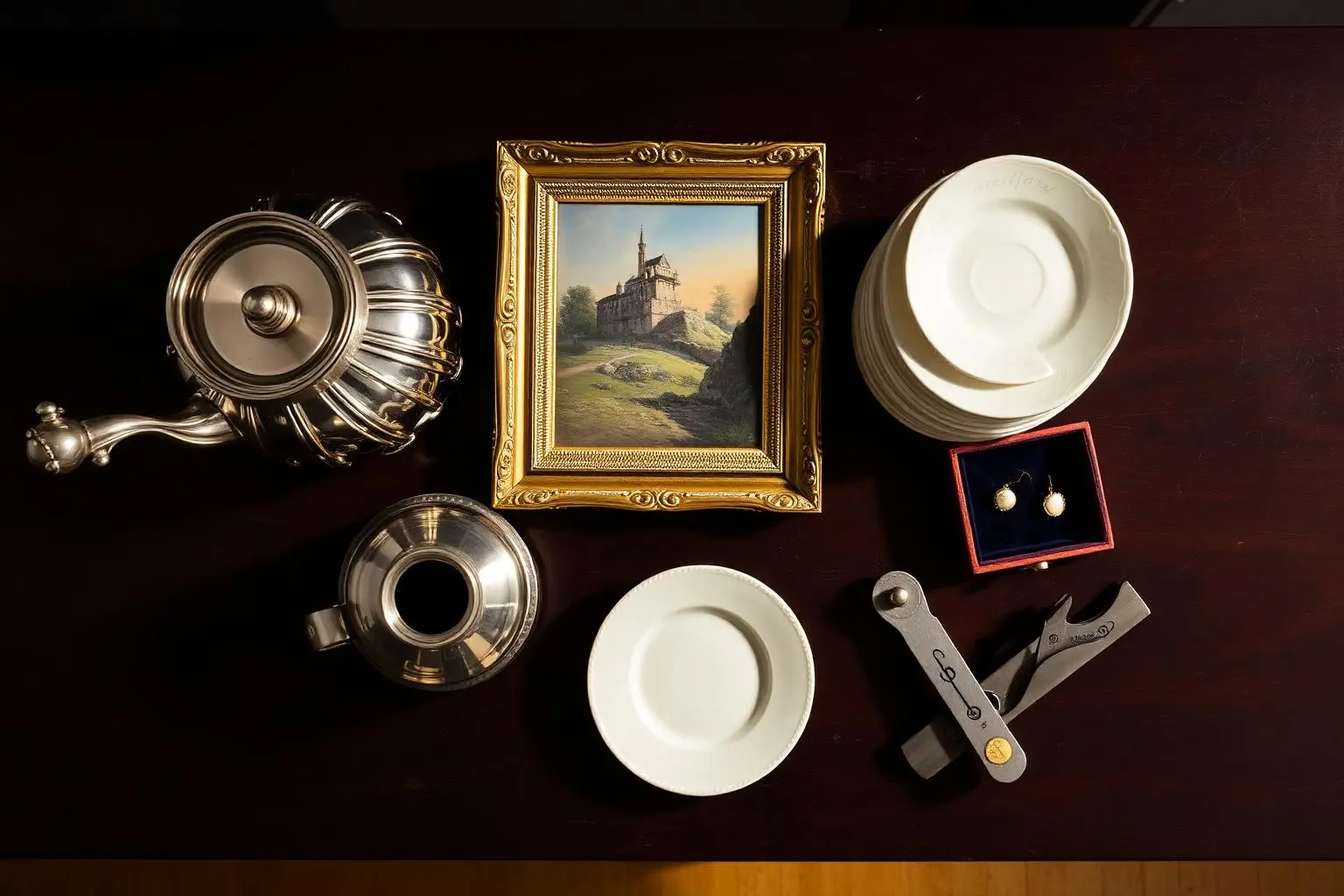 Top-down still life of inherited valuables on dark wood: silver tea pot, gilt-framed oil painting, china stack, velvet jewelry box, vintage hand plane.