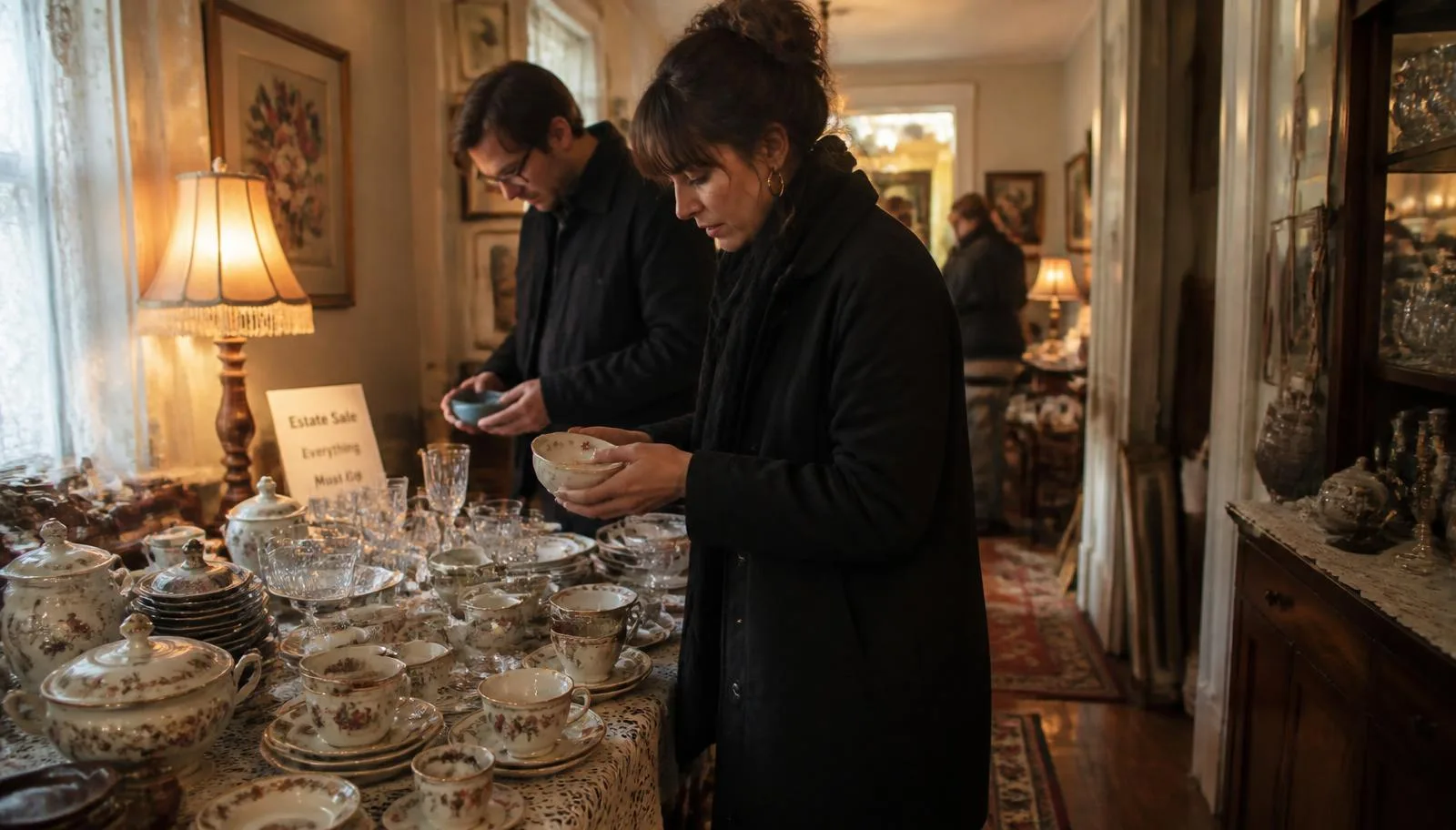 Two shoppers carefully examining china and glassware on a lace-covered table inside a lived-in older home during an estate sale