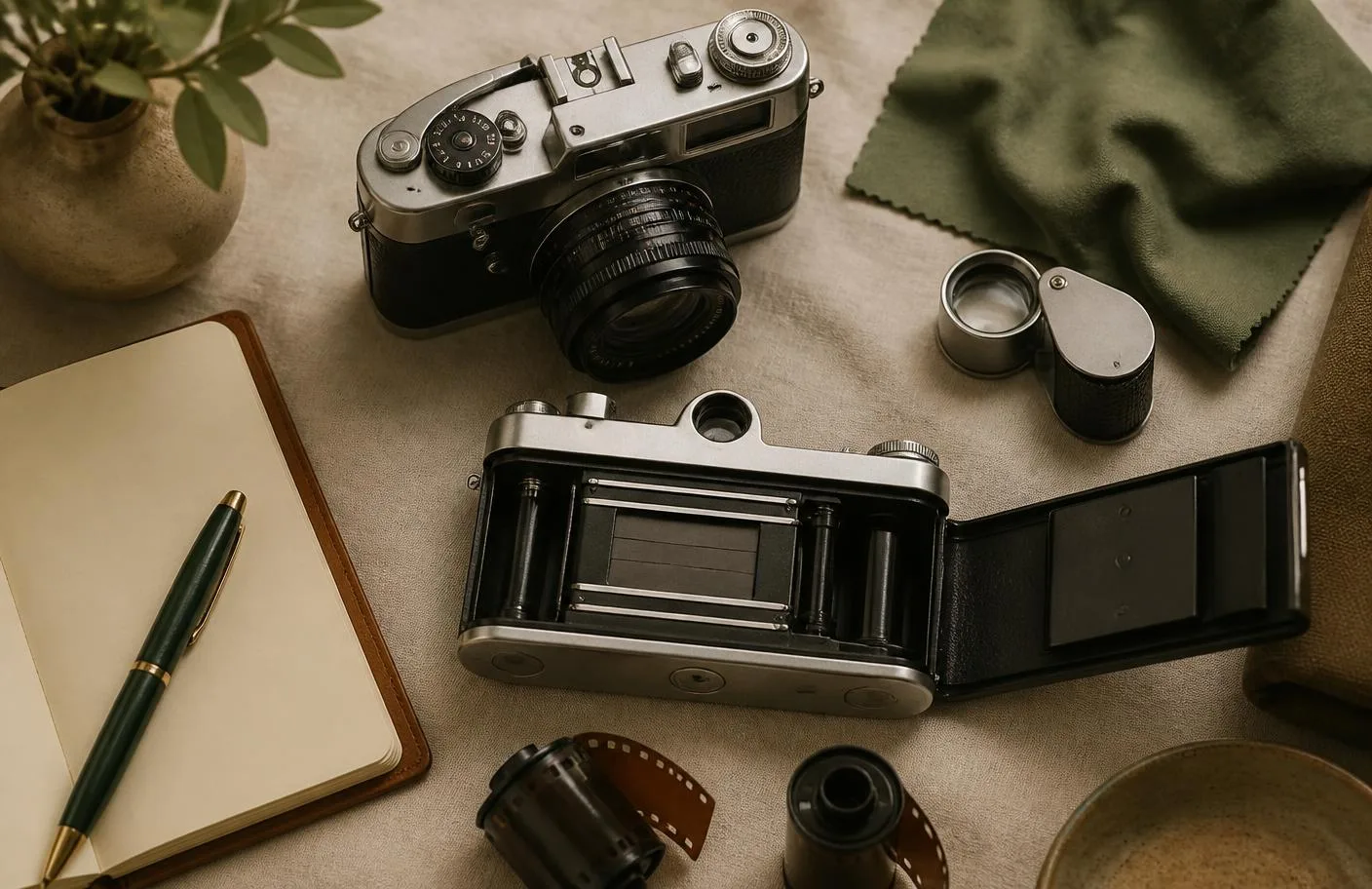 A film camera with the back door open showing the shutter curtains and film chamber, next to a jeweler's loupe, a cleaning cloth, a notebook, and two 35mm film canisters