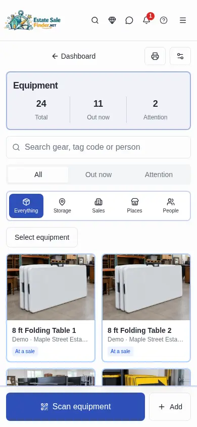 Actual Equipment Manager mobile view with compact counts, filters, equipment cards, Scan equipment, and Add actions