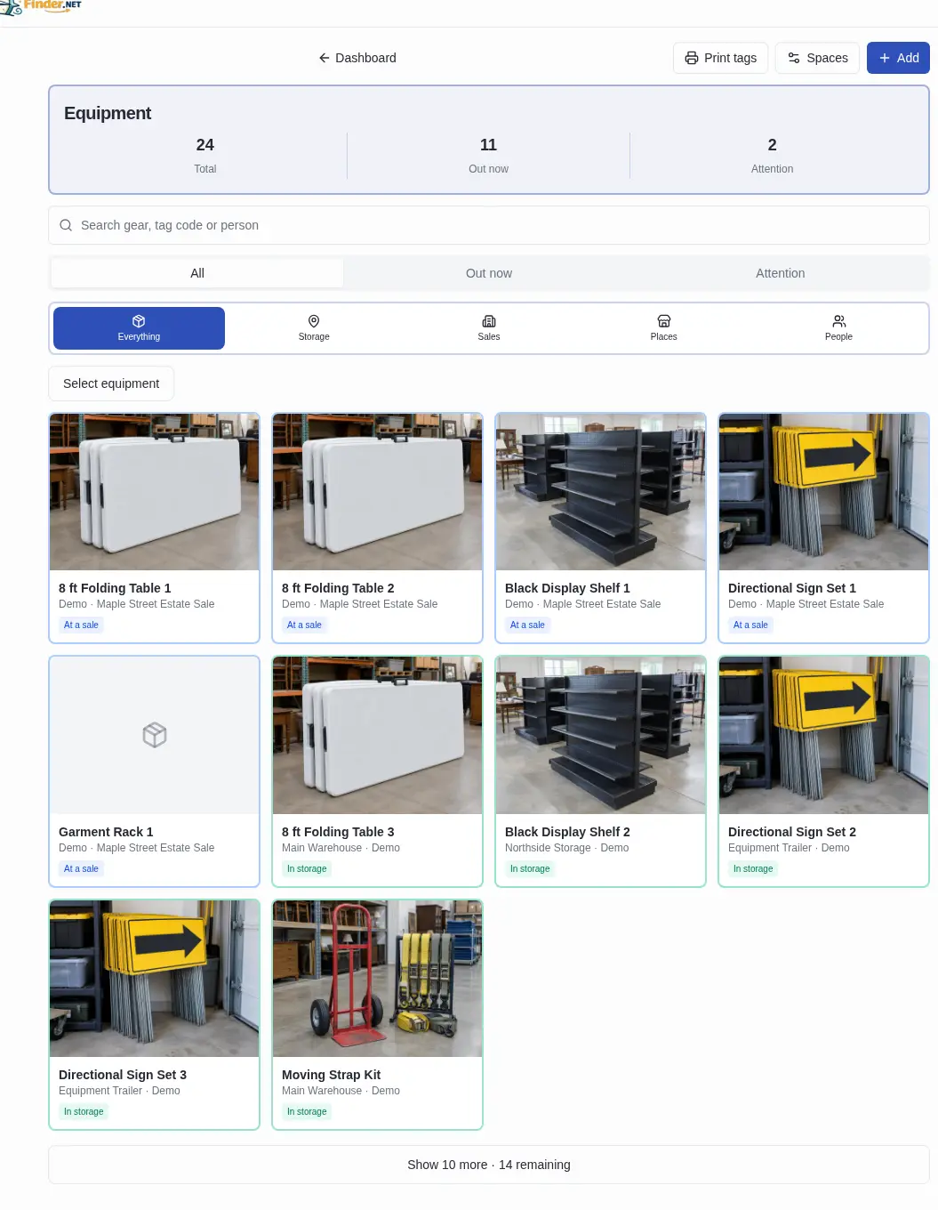 Actual Equipment Manager showing tracked tables, shelving, signs, locations, and current status