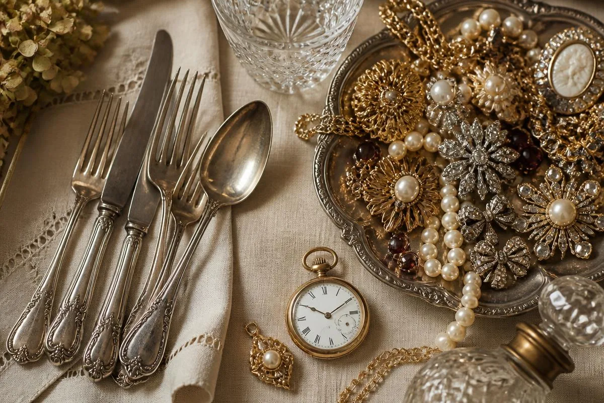 Vintage jewelry, pearls, brooches and sterling flatware flatlay