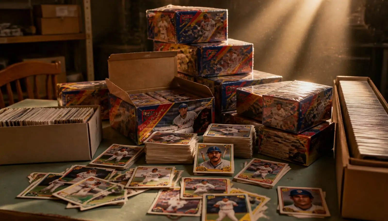 Stacks of sealed and opened early-1990s wax boxes of baseball cards on a basement table, with loose commons spread out in front of them