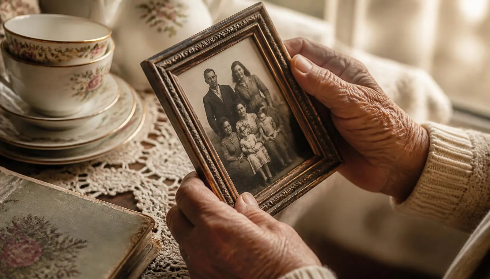 Weathered elderly hands holding an old framed family photograph, with vintage floral china and a worn cookbook softly out of focus nearby
