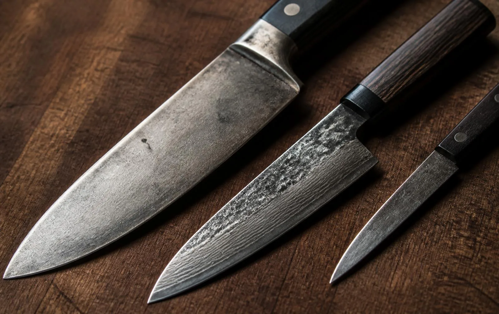 Three used kitchen knives on a wooden board: a forged German chef's knife with thick bolster, a damascus-patterned Japanese blade and a thin stamped knife