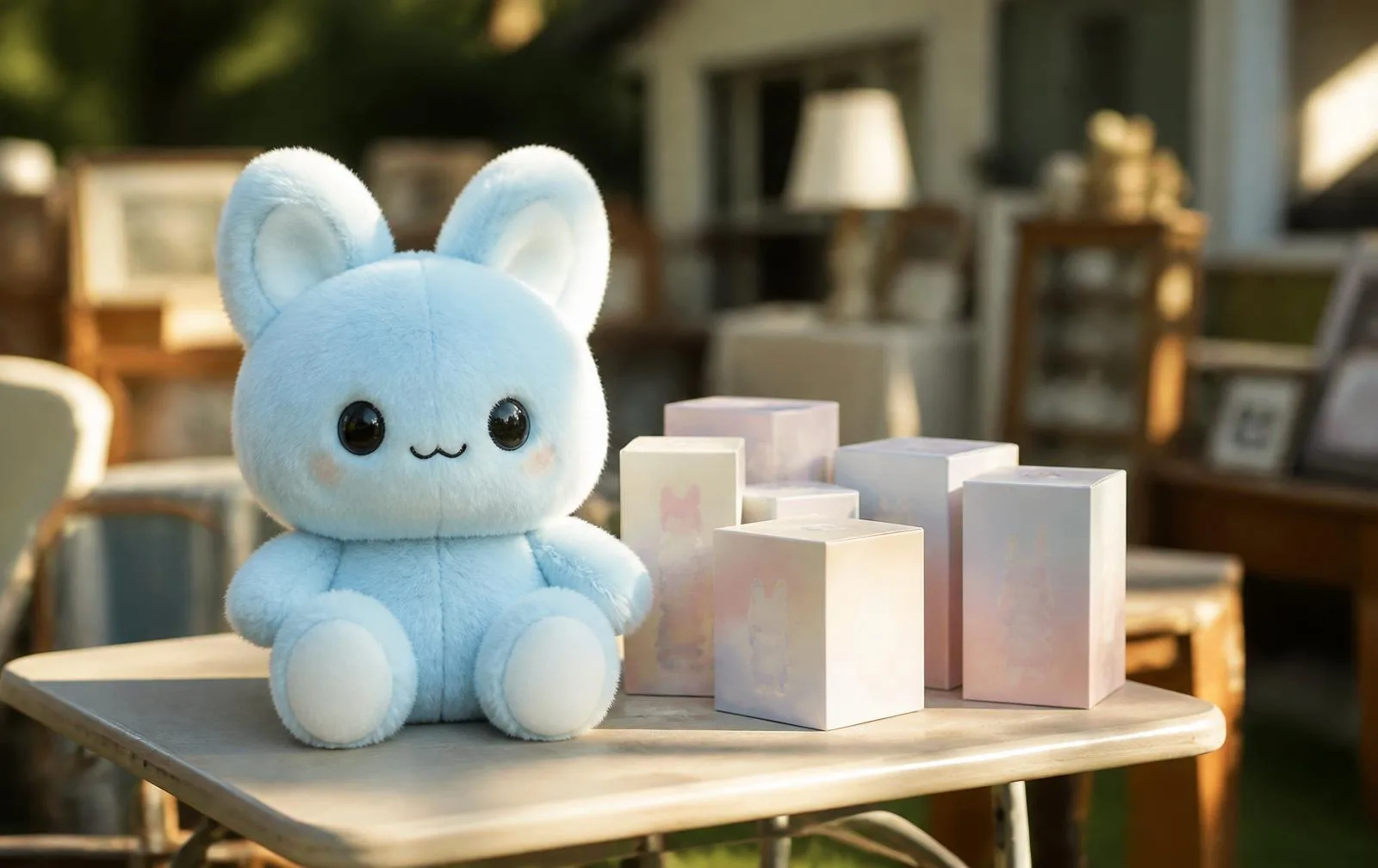 Editorial photo of a small blue plush Labubu-style monster toy with pointy ears and a 'best offer' price tag on a folding table at a future estate sale next to blind-box collectibles