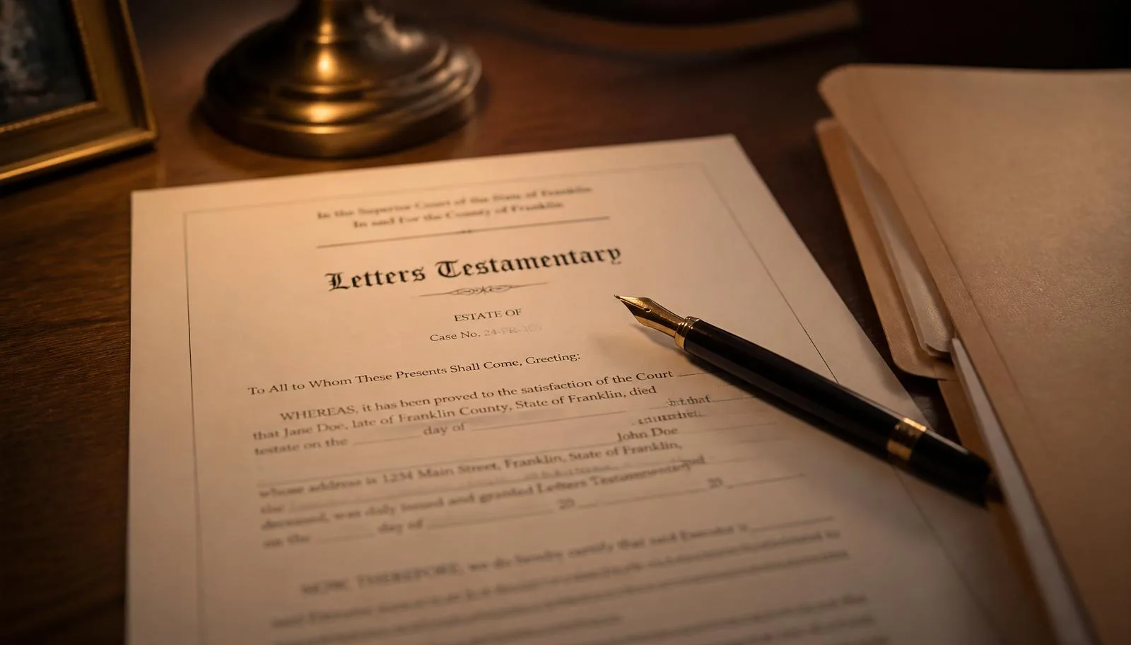 A close-up of an official court document titled Letters Testamentary on a warm walnut desk with a fountain pen and a brass lamp — respectful and formal