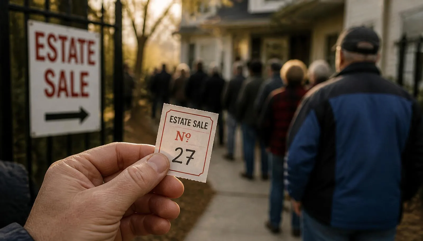 A hand holding a numbered paper ticket outside an estate sale with a line of shoppers waiting along the walkway
