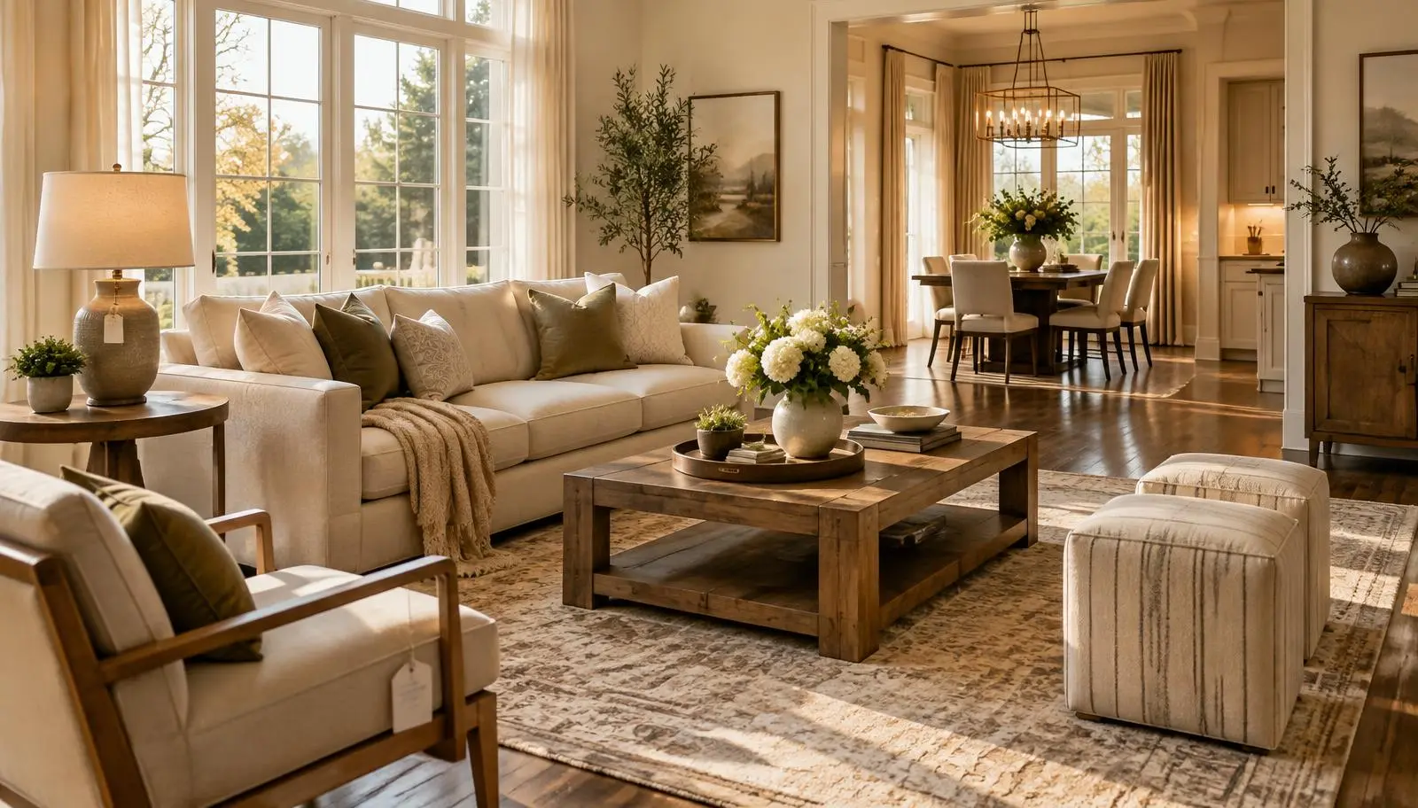 A staged, listed home with discreet price tags on a lamp and side chair
