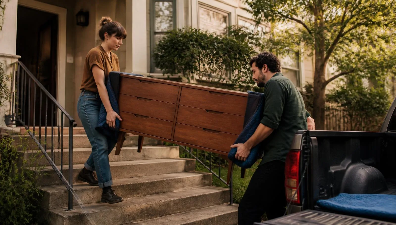 Two buyers carrying a mid-century dresser wrapped in moving blankets down the front steps toward a pickup truck