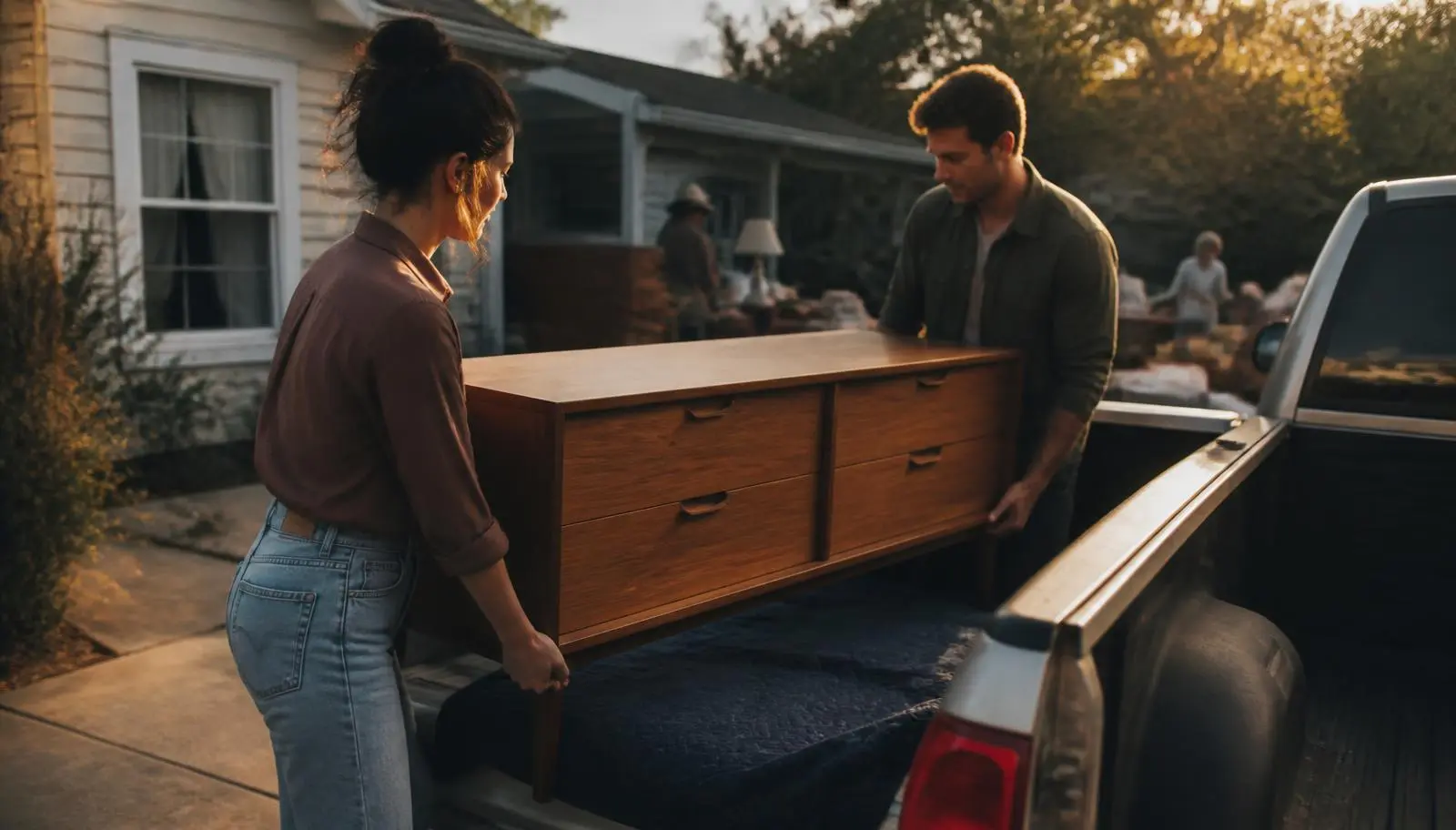 A young couple loading a teak mid-century credenza into a pickup truck in a suburban driveway at golden hour