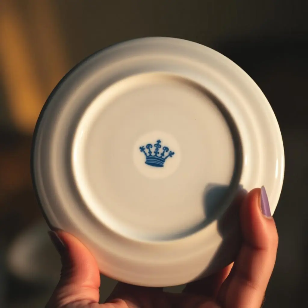 A hand holding a vintage plate upside down, revealing a small blue crown backstamp on the base