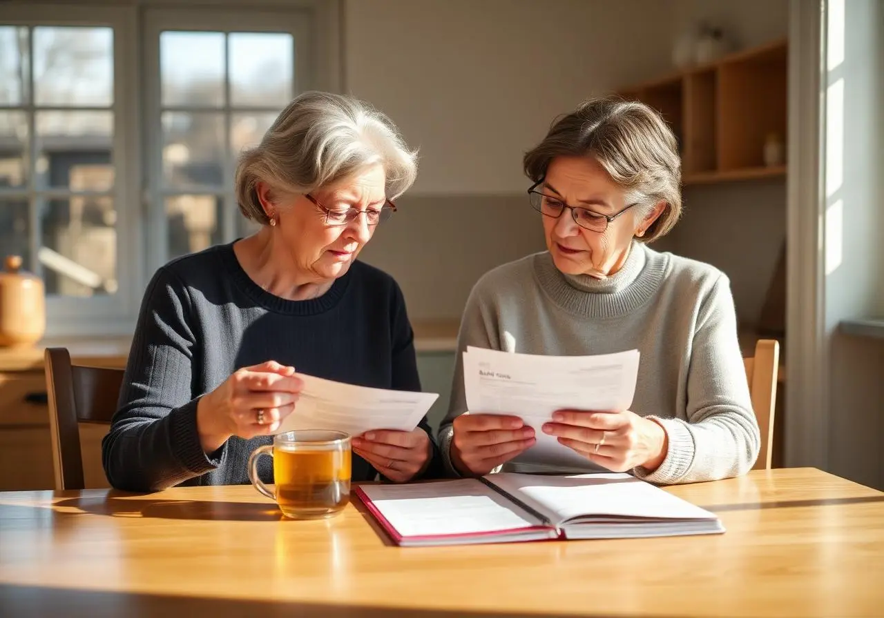 Adult daughter and elderly mother reviewing documents