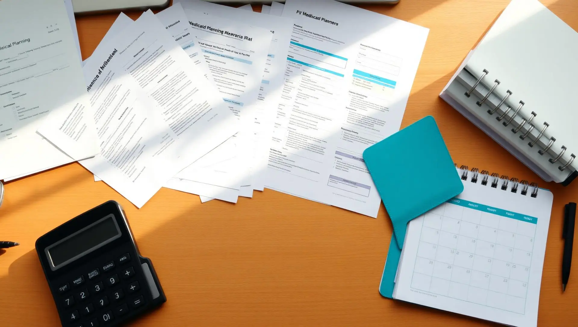 Medicaid planner's desk with planning documents