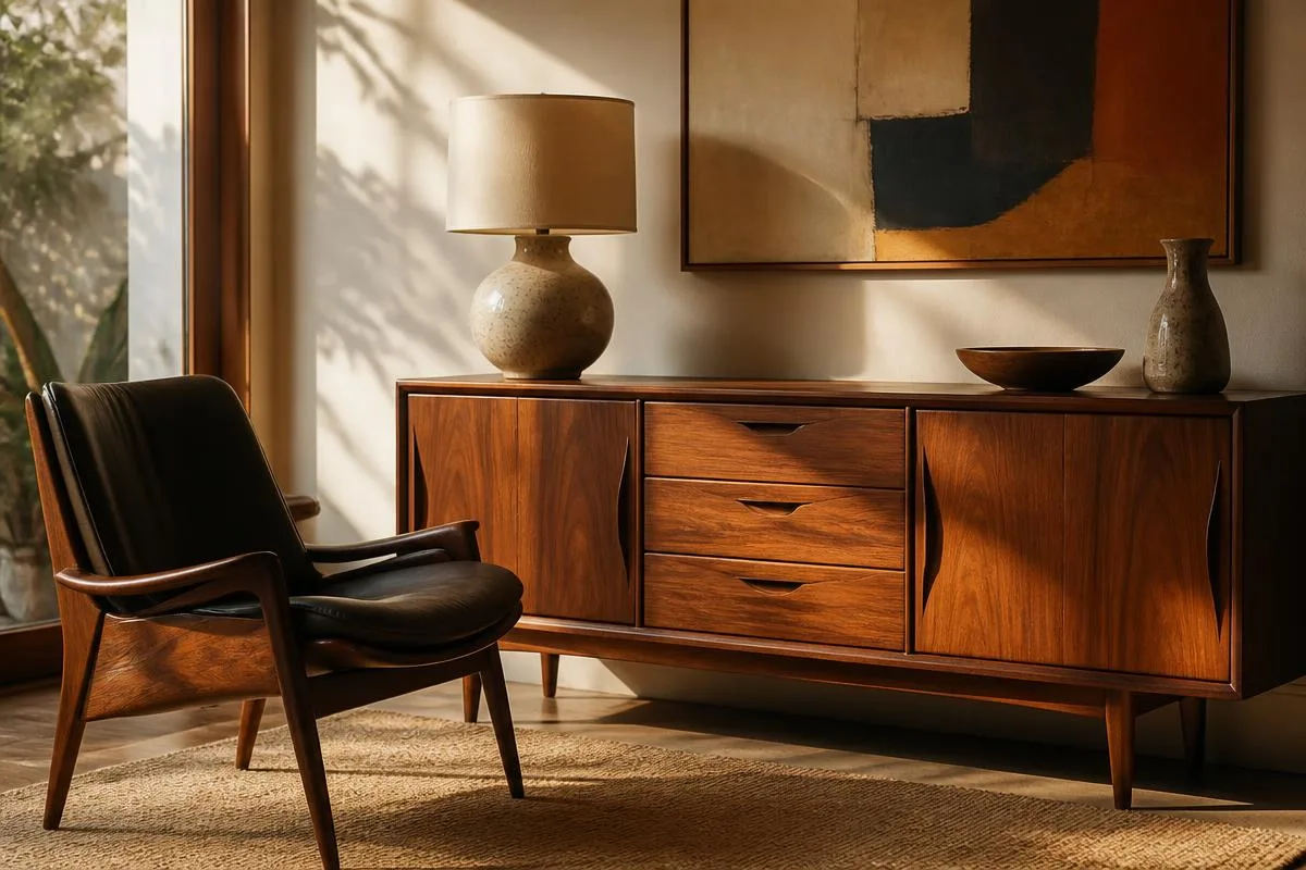 A mid-century modern walnut credenza and lounge chair in a sunlit room