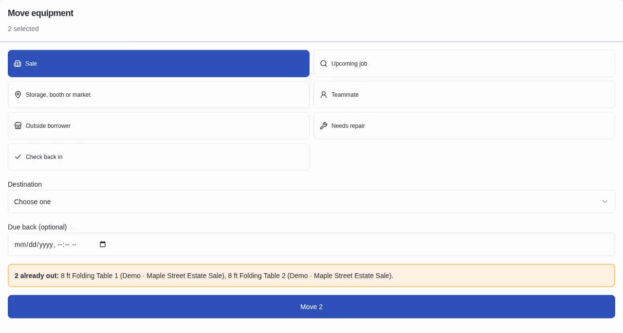 Actual bulk Move equipment screen showing sale, CRM client, storage, teammate, borrower, repair, and check-in destinations