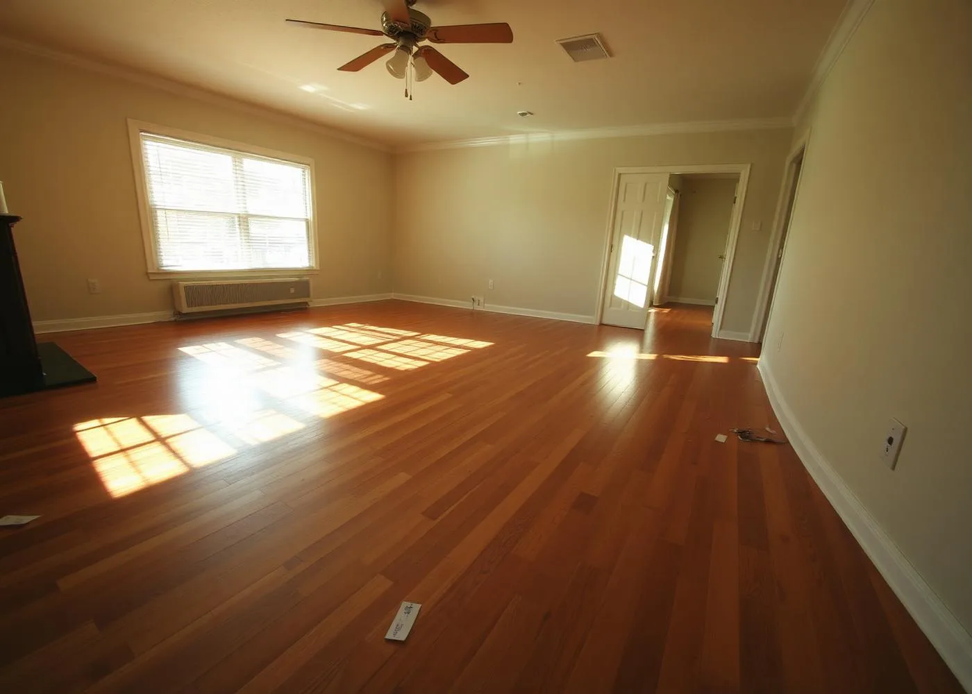 Sunlit empty living room with hardwood floors and a few price tags