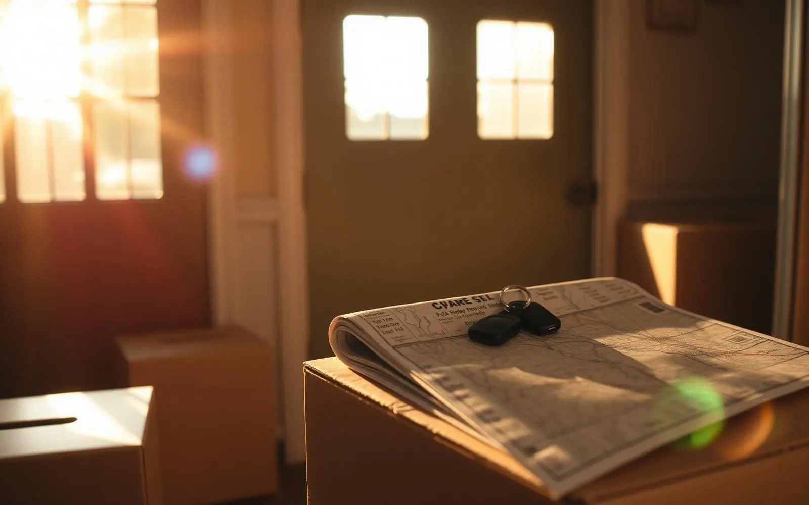 Sunlit foyer with stacked moving boxes, road map and car keys at golden hour