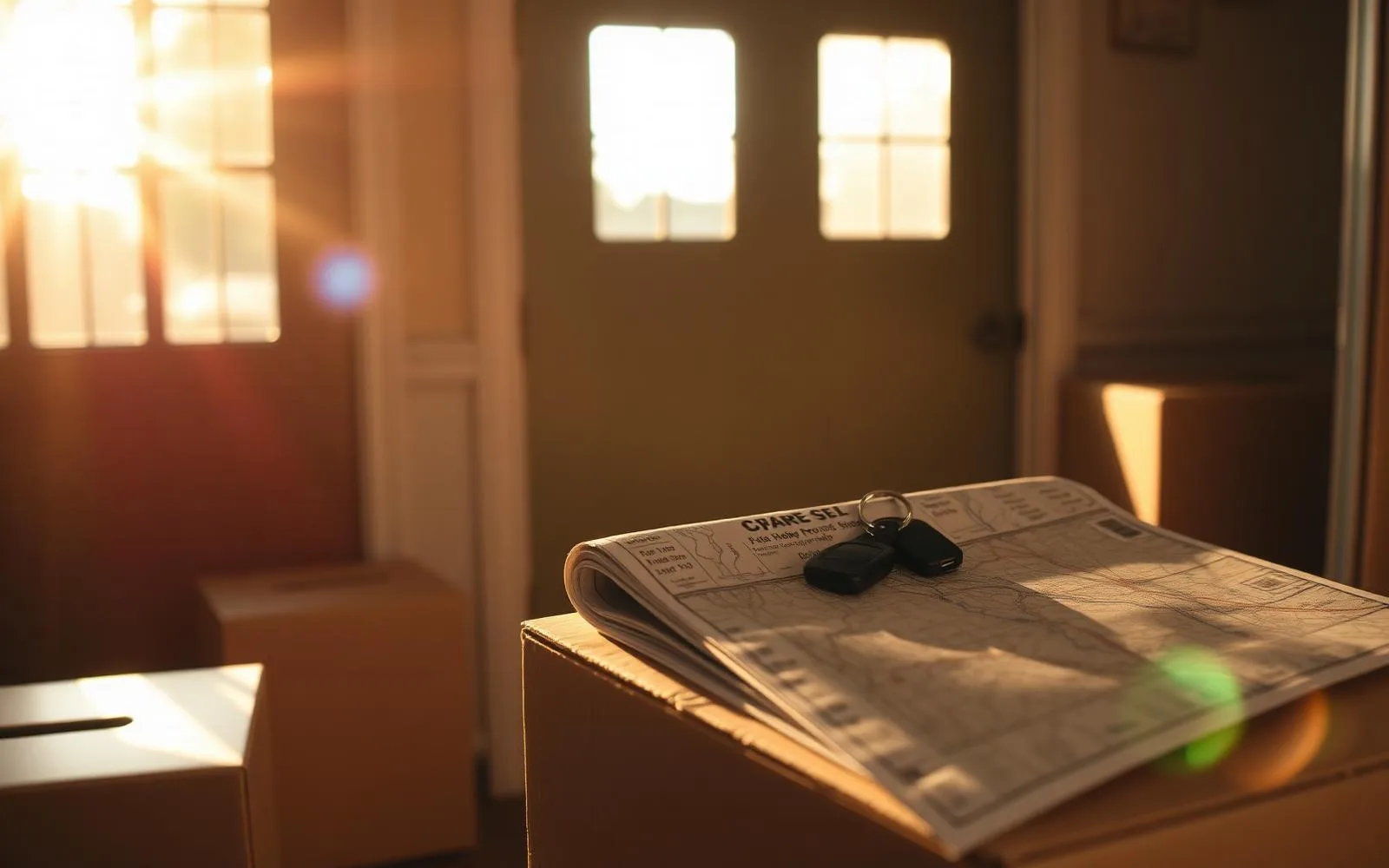 Sunlit foyer with stacked moving boxes, road map and car keys at golden hour