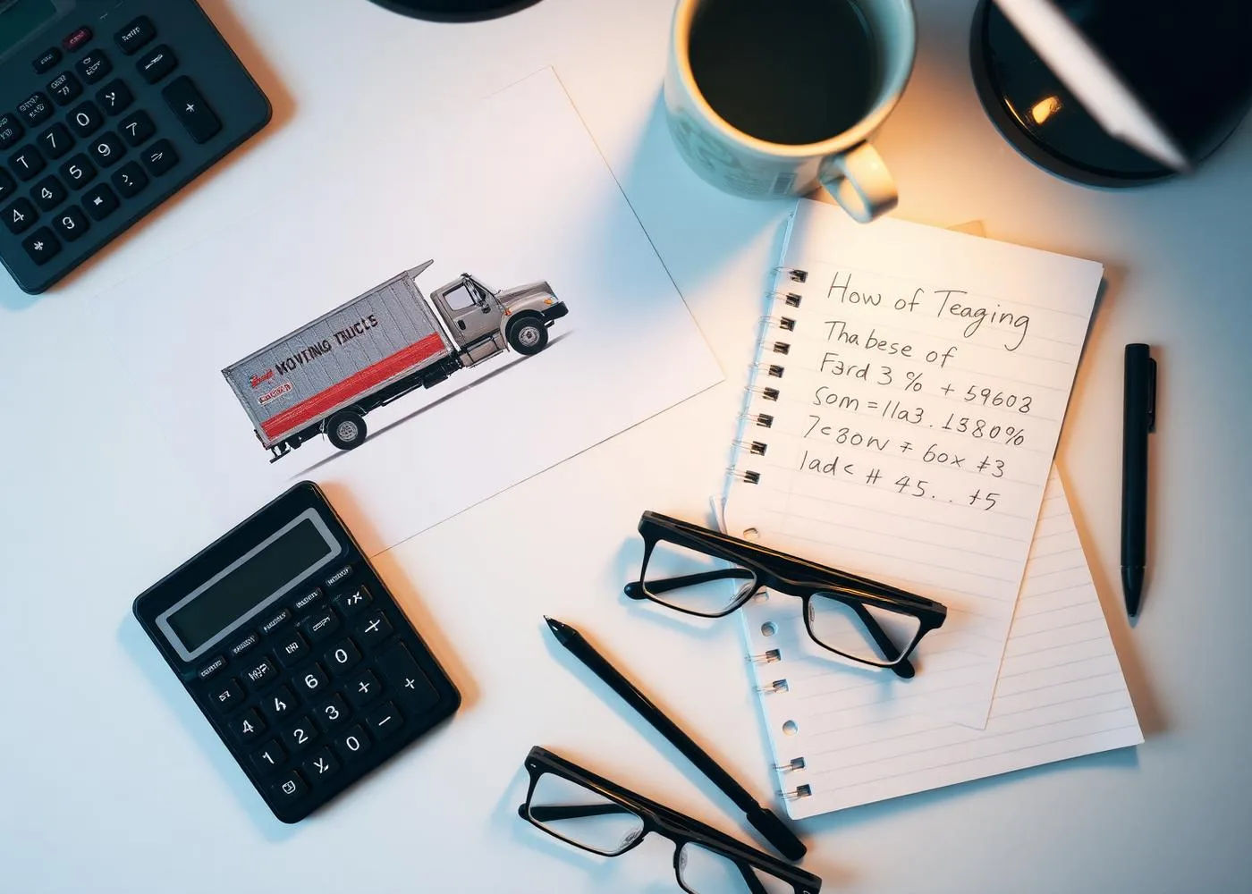 Calculator, moving truck quote, notebook with handwritten math, glasses and coffee