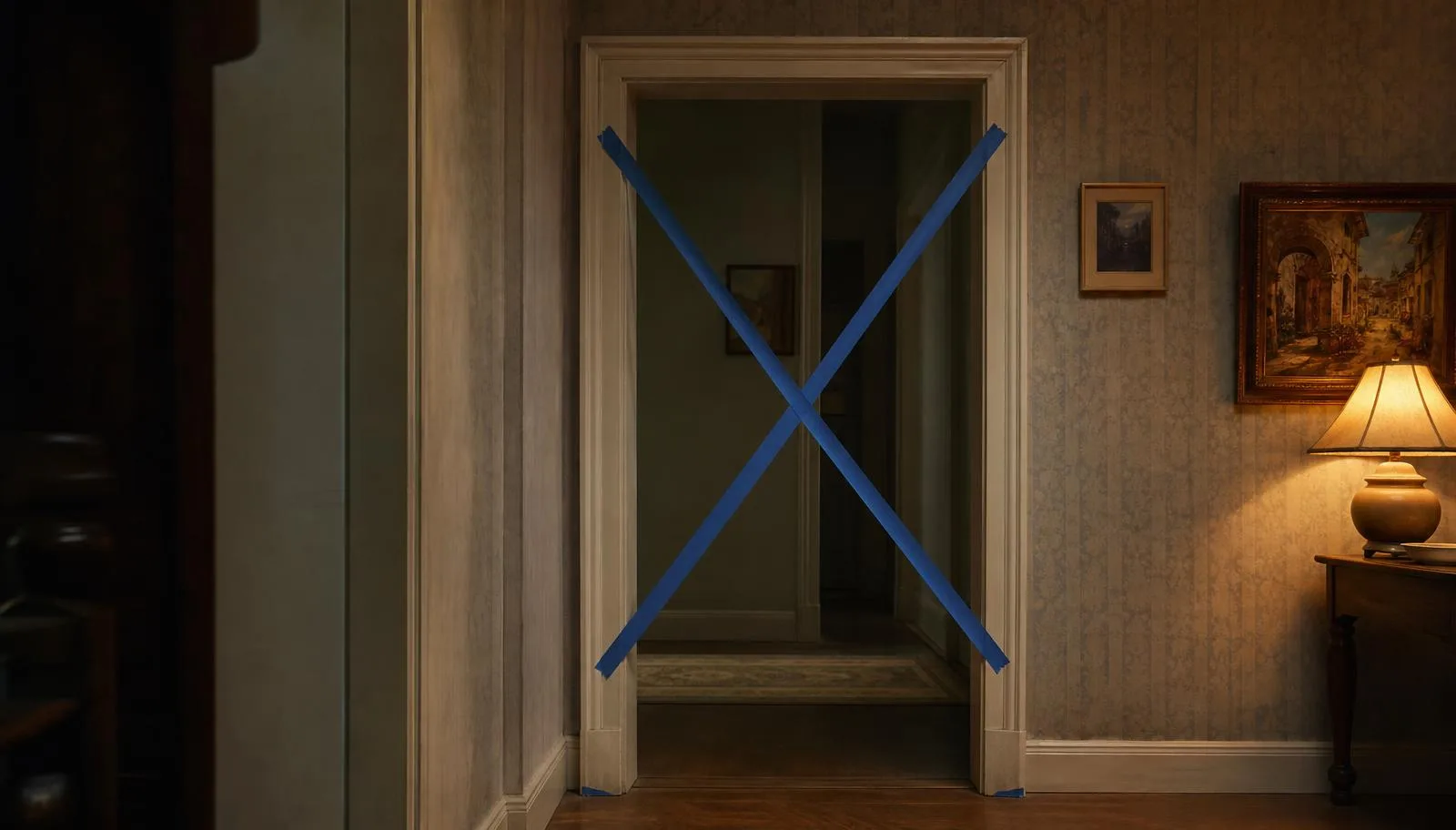 A hallway doorway in an older home sealed off with blue painter's tape in an X pattern during an estate sale