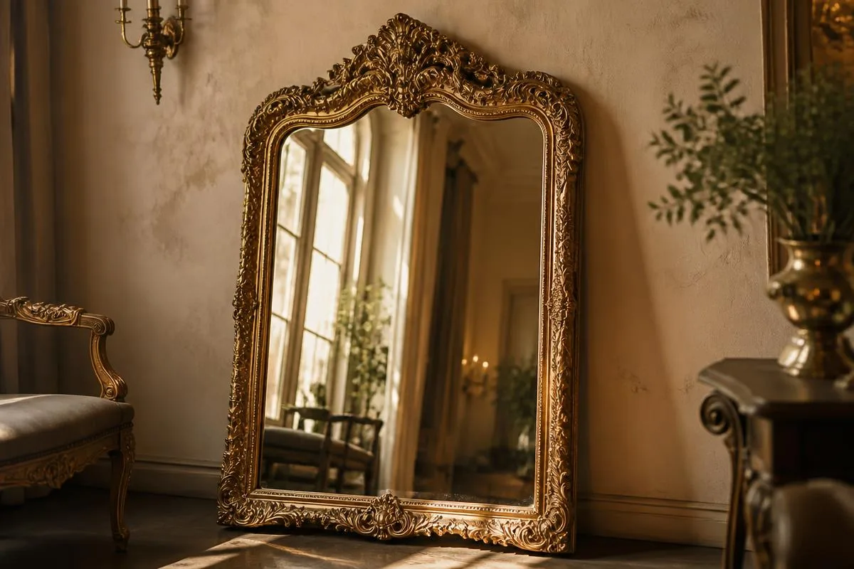 An ornate gilded antique mirror leaning against a wall