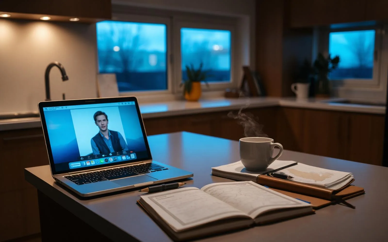 Kitchen island with laptop on a video call, coffee, notebook and a paper map