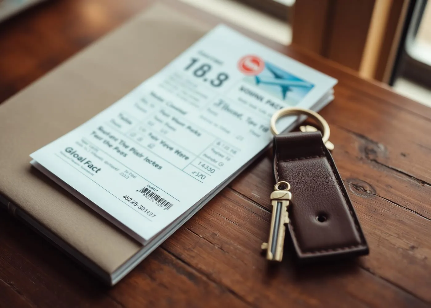 House key on leather keychain with a paper ticket on a wooden table