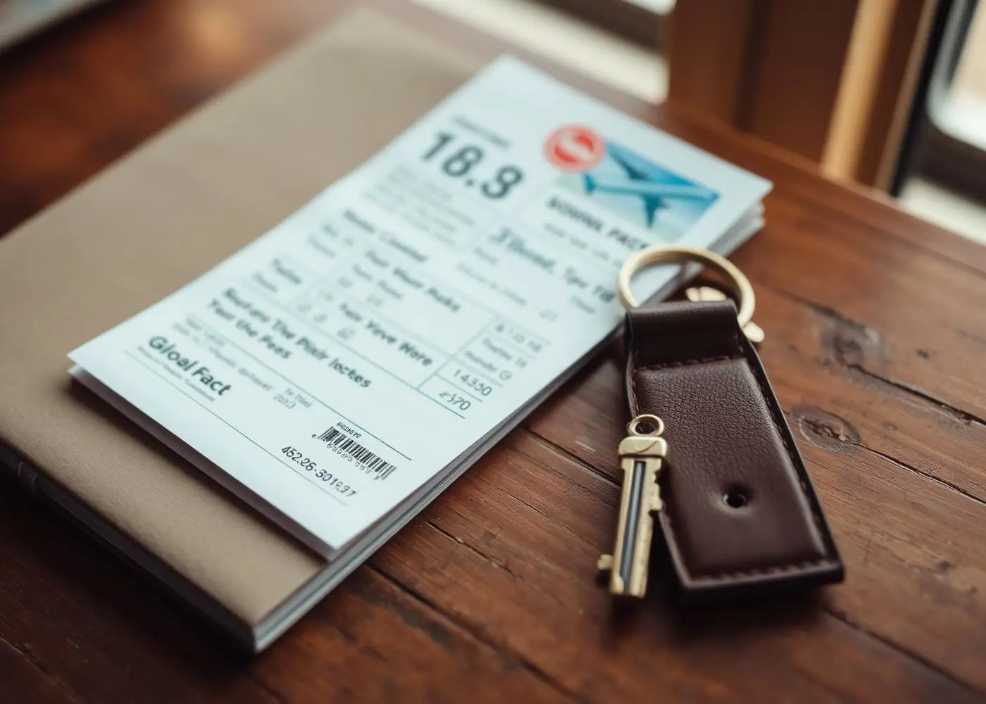 House key on leather keychain with a paper ticket on a wooden table