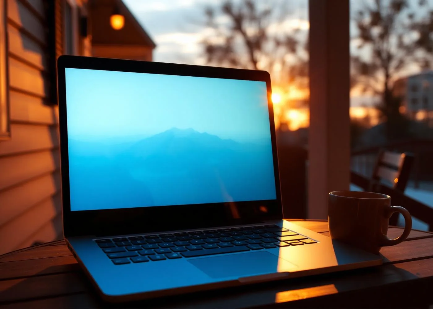 Laptop on a porch at sunset showing email
