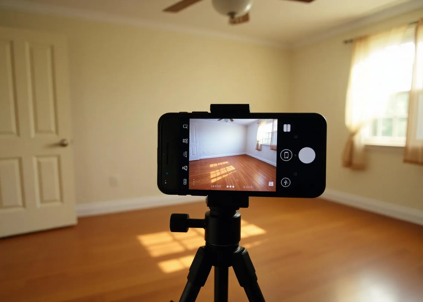 Smartphone on tripod recording a sunlit empty room