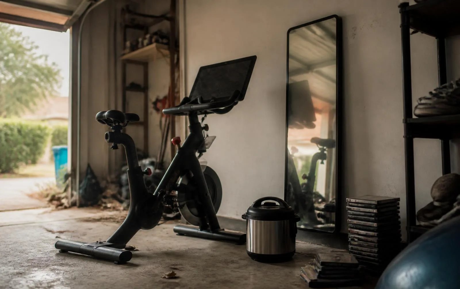 Editorial photo of a Peloton stationary bike in a garage with a 'best offer' tag next to a Mirror workout screen, an Instant Pot, and a stack of exercise DVDs