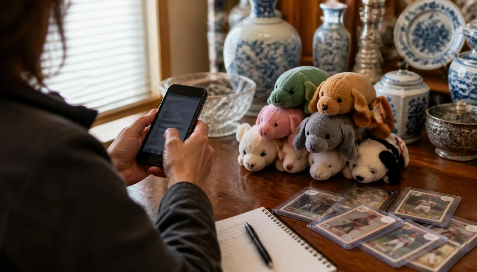 A shopper at an estate sale checking sold prices on a phone next to a table of plush toys and sleeved trading cards, with a notebook and pen