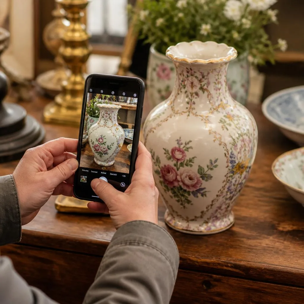 A seller photographing a vintage vase with a smartphone to list it for sale
