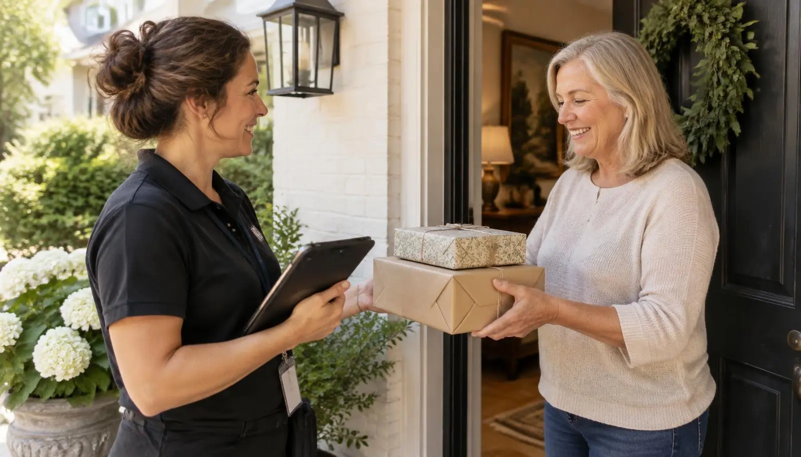 A single buyer collecting pre-paid, wrapped items at the front door from a staff member with a tablet