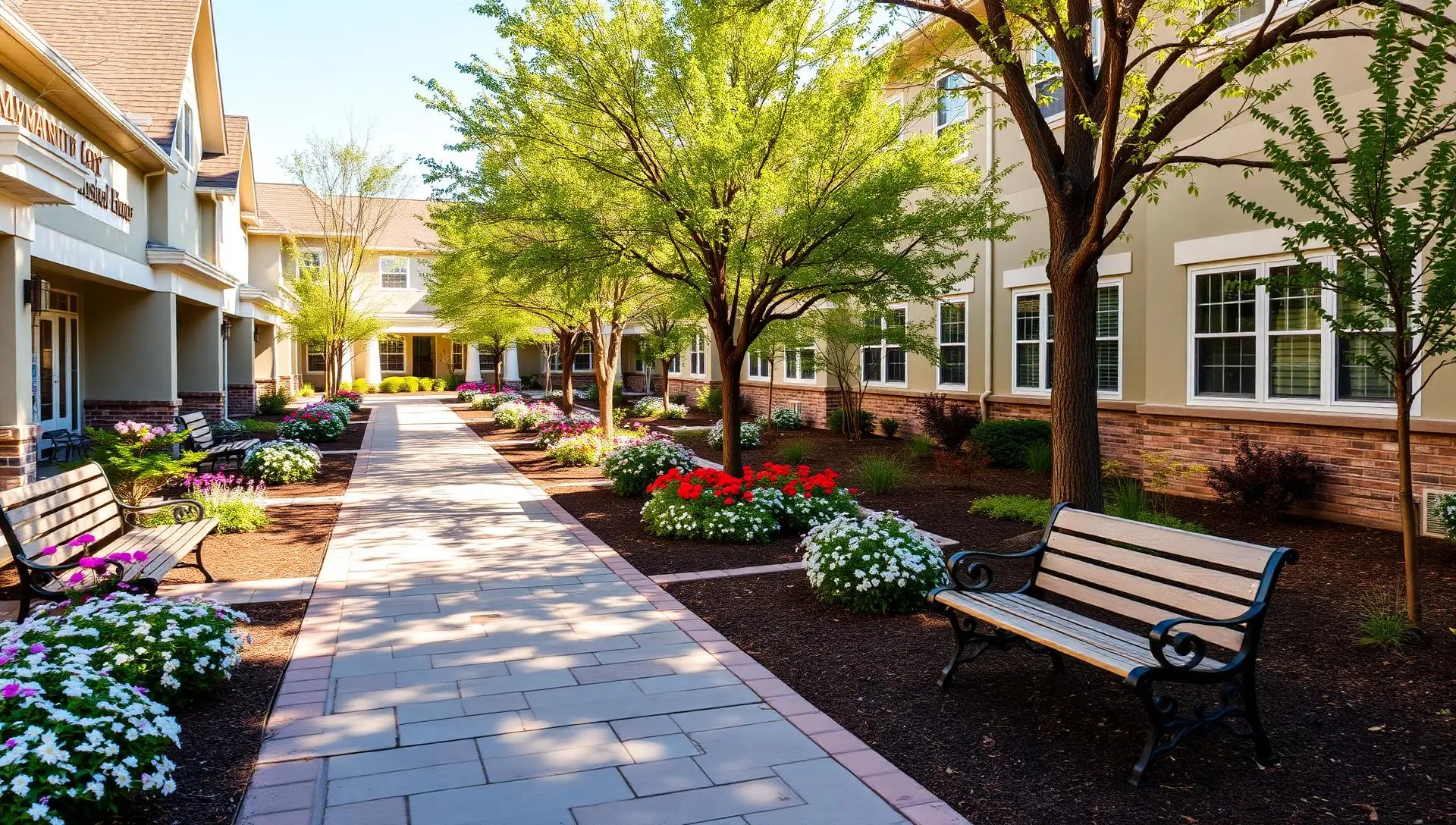 Sunlit assisted living courtyard